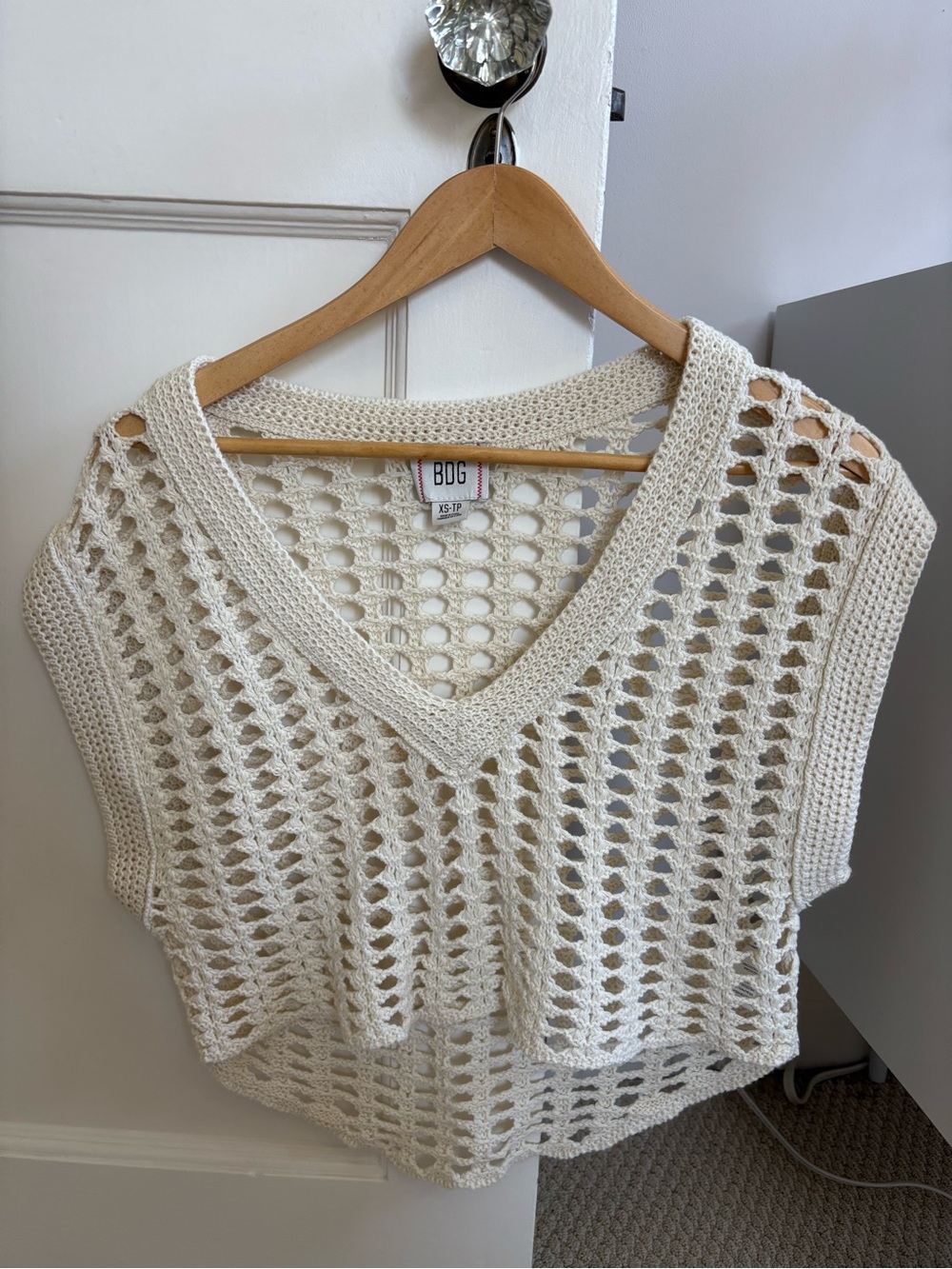 BDG Cream Crochet V-Neck Sweater Vest